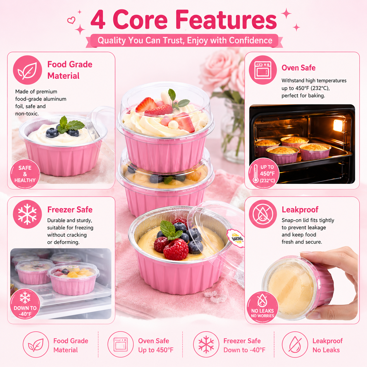 Pink Foil Dessert Cups with Lids