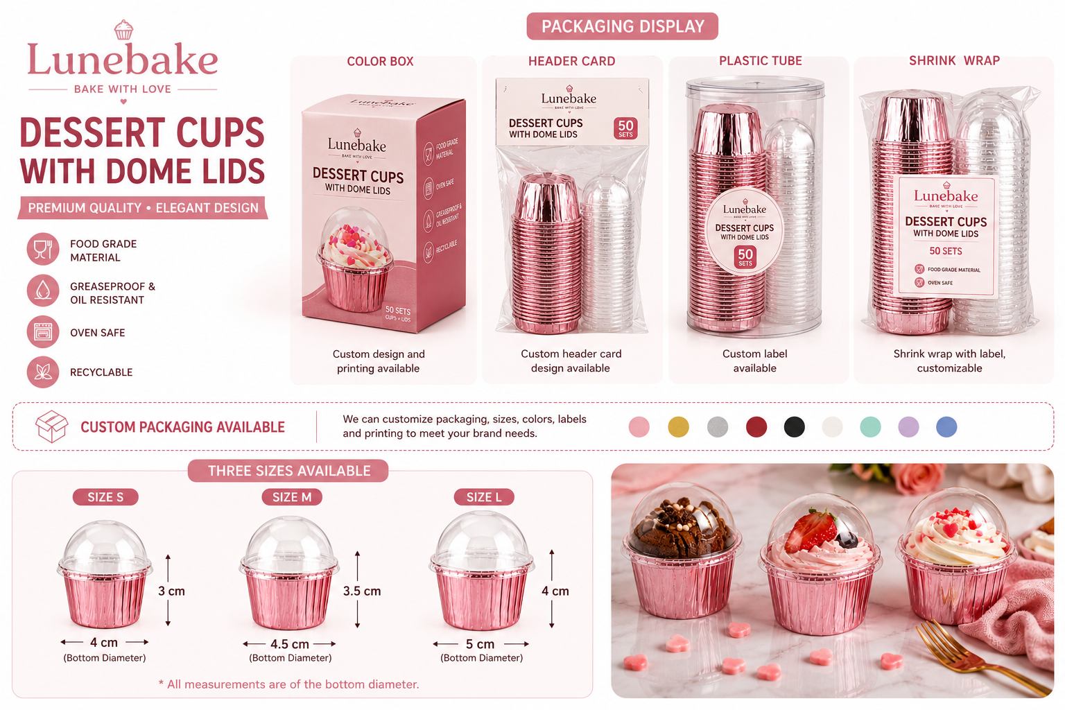 Rose Gold Metallic Paper Baking Cups with Clear Dome Lids