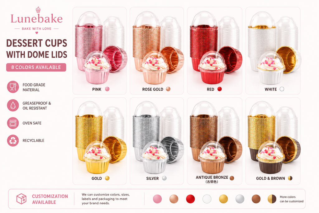 Rose Gold Metallic Paper Baking Cups with Clear Dome Lids