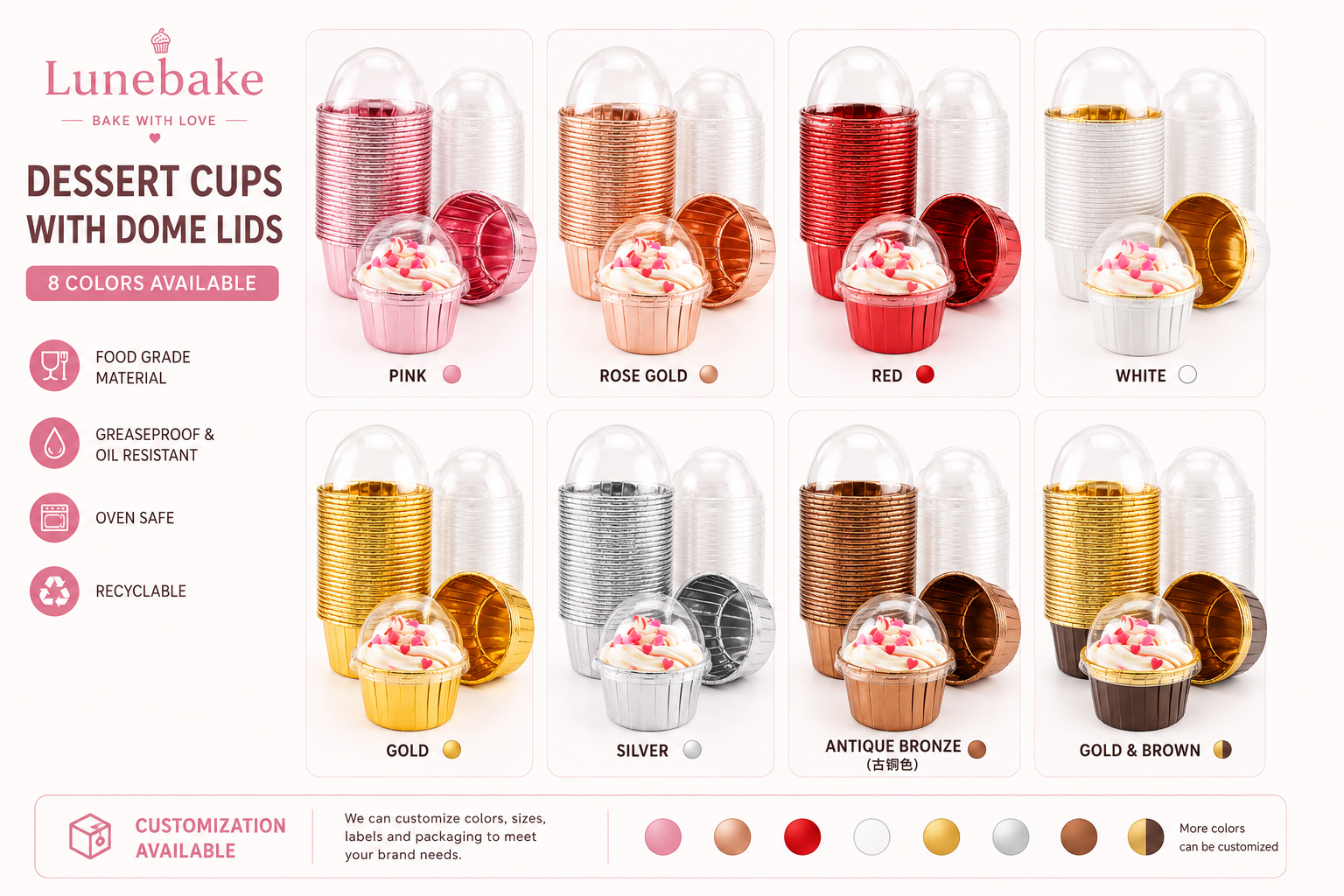 Rose Gold Metallic Paper Baking Cups with Clear Dome Lids