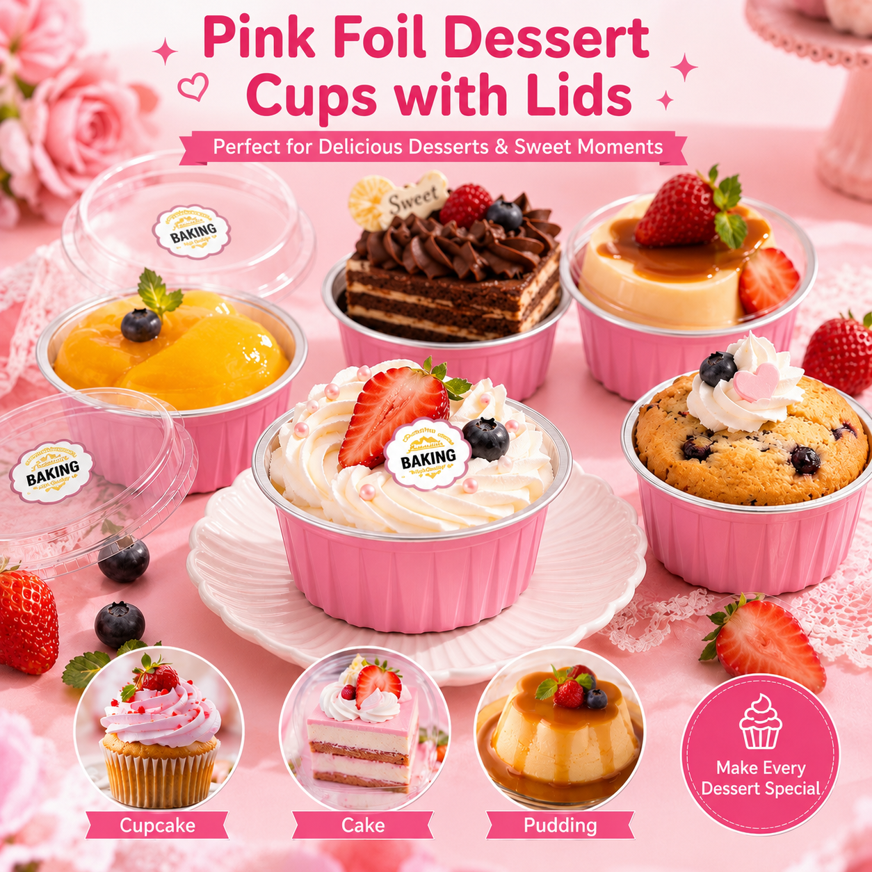 Pink Foil Dessert Cups with Lids