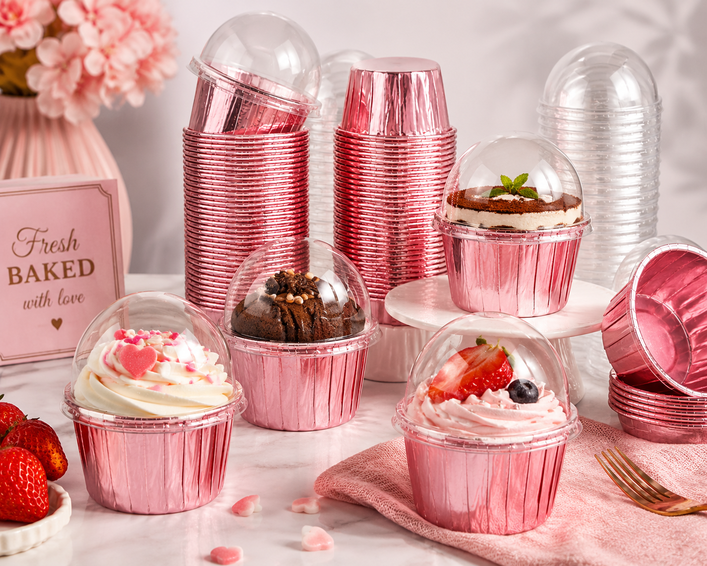 Rose Gold Metallic Paper Baking Cups with Clear Dome Lids